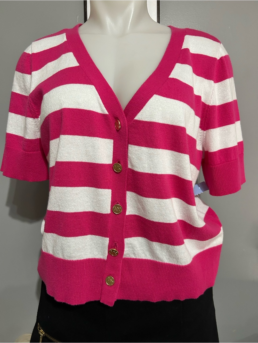 Michael Kors Hot Pink and White Striped Short-Sleeve Button Down Cropped NWT